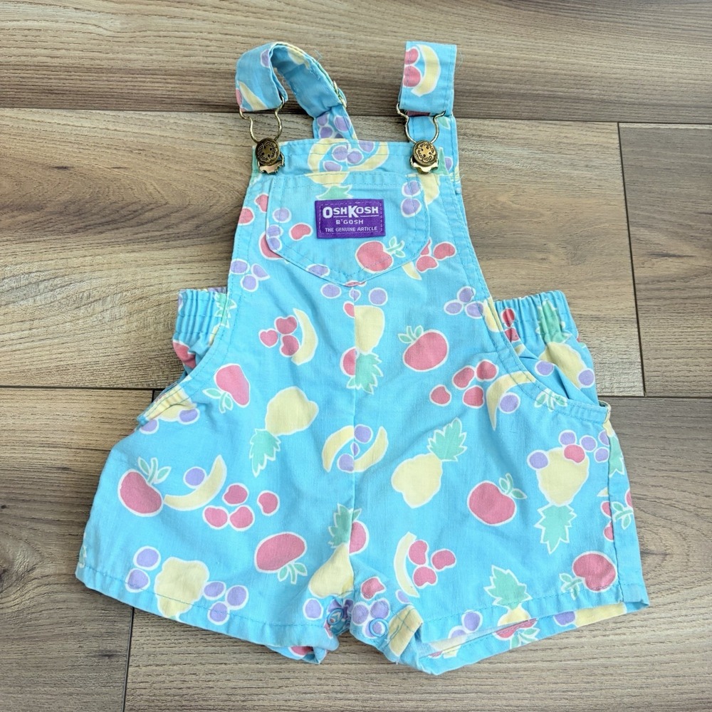Vintage 70s 80s OshKosh B'gosh Vestbak Baby Overalls Romper Fruit Blue 12 mos